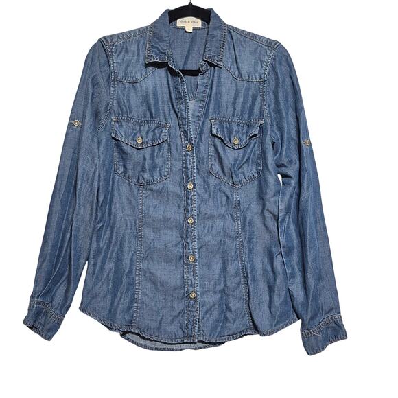 Anthropologie Cloth & Stone Tencel Denim Button Down Shirt Small V-Neck Western - Picture 2 of 10